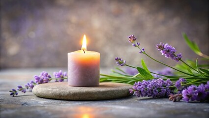 Serene Still Life A Lit Candle Rests on a Smooth Stone Beside a Bouquet of Fragrant Lavender Flowers, Evoking Tranquility and Calmness