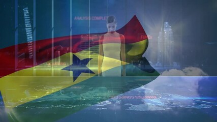 Businesswoman analyzing digital data with Ghana flag overlay in school setting - Powered by Adobe