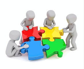 Teamwork: Gray figures connect colorful puzzle pieces