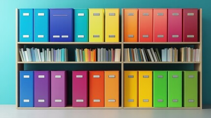 Colorful archive boxes and books on shelves. Perfect for organization, education, or office concepts.