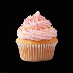 Colorful cupcake with swirl pattern frosting adorned with pink and yellow sprinkles on a black background.