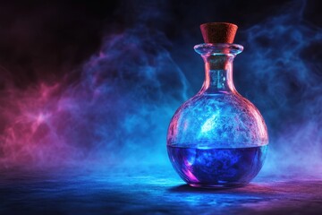 Glass bottle with blue liquid, smoky background. Perfect for fantasy, potion, or magic themes.