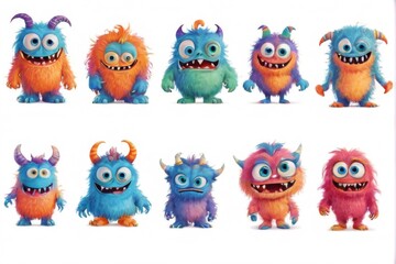 Fototapeta premium Colorful Grid of Nine Cartoon Monsters in Various Sizes