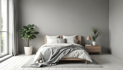 Modern spacious bedroom interior with gray walls, white wooden floor, comfortable double bed. Decorative indoor plants, table lamp on bedside table. Minimalist design, cozy atmosphere, sunlight from