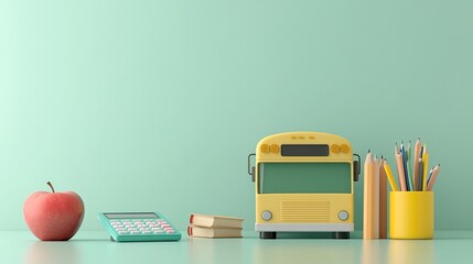 Back to School Essentials: Apple, Calculator, Books, School Bus, and Colorful Pencils