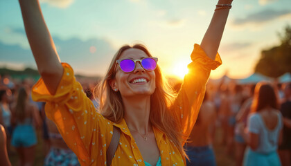 Cheerful woman enjoying summer music festival at sunset. Crowd partying, dancing, hands raised up. Summer vacation entertainment concept, fun holiday celebration. Diverse joyful vibrant people