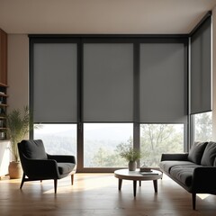 Fototapeta premium Bright stylish modern living room with roller blinds sunscreen. Minimalist interior with comfortable sofa, armchair, wooden floor. Big windows overlooks nature landscape. Blackout window shades