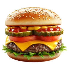 A juicy 3D classic cheeseburger with a glistening beef patty topped with melted cheddar cheese, fresh green lettuce, ripe tomato slices, crunchy pickles, and a smear of ketchup. 