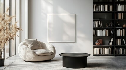 blank poster frame in the center, surrounded by two cream-colored armchairs and a coffee table with pampas grass decoration on top. The modern living room interior design features white walls
