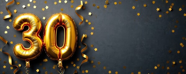 Festive flat lay with golden foil balloon number 30 on dark concrete background. Anniversary celebration with confetti stars, ribbon. Decorative banner with number for birthday greeting card design.