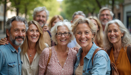 Happy group of middle aged people smiling at camera outdoor. Older friends taking fun selfie photo. Life style concept with people fun on summer holiday, friendship concept, lifestyle, tourism.