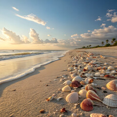  A sandy beach covered in seashells, bathed in the golden glow of a setting sun, with gentle waves rolling in.