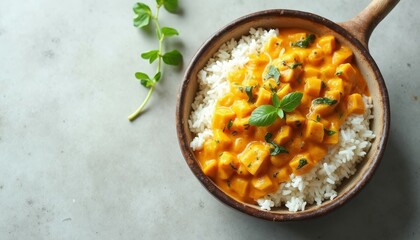 Delicious sweet potato curry with white rice in a rustic brown bowl