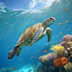 Fototapeta premium A sea turtle gliding through an underwater paradise, with sunlight streaming through the ocean and colorful coral formations below.
