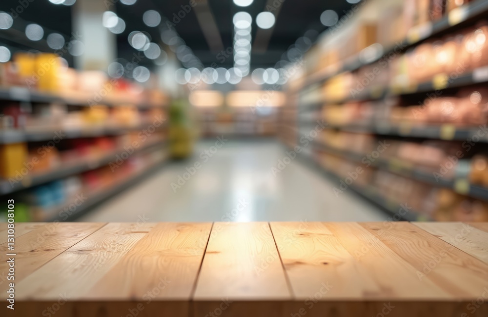 Poster wooden table product display in blurry supermarket store background. empty wood counter, shelf mock-