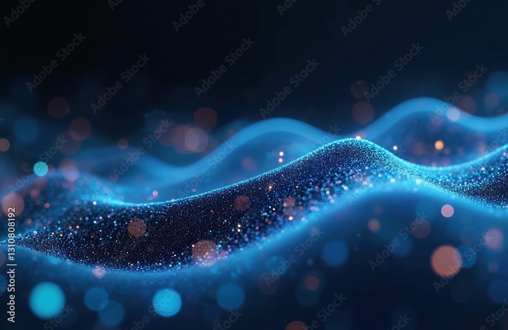 Leinwandbilder Abstract digital data stream in blue with bokeh effect. Futuristic tech wallpaper with flowing binary waves, data points. Perfect for cyberspace themes, modern tech, network design concepts.