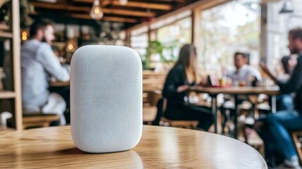 Smart speaker on table in cafe with blurred people in the background