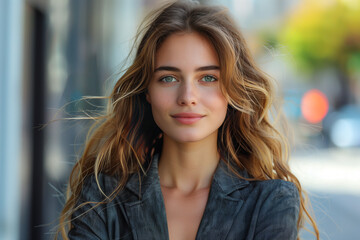 Naklejka premium Portrait of a beautiful young woman smiling and looking at camera. Woman portrait