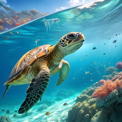 Fototapeta premium A graceful sea turtle swimming in crystal-clear tropical waters, surrounded by vibrant coral reefs and small fish.