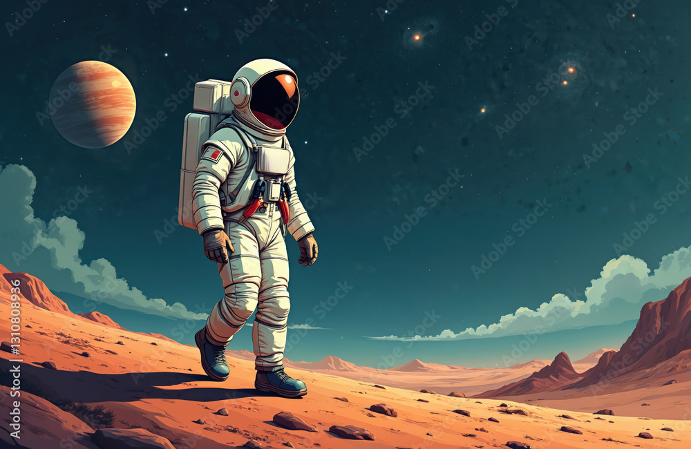 Aufkleber astronaut walks on desert planet surface. space man in suit explores alien world, far galaxy. stars 