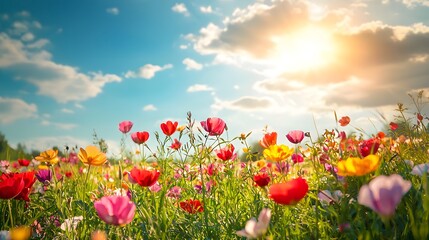 Fototapeta premium A vibrant field filled with colorful blooming wildflowers and sunlight