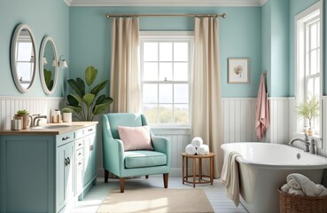 Coastal themed bathroom, nautical color palette. Beach inspired decor. Interior of home room, house with sink, bathtub, window, luxury furniture, light blue wall, blue armchair. Interior design