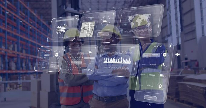 In warehouse, workers wearing safety gear using digital interface with animation - Powered by Adobe