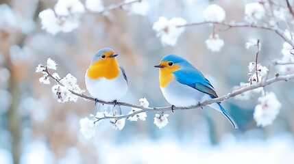 Fototapeta premium Two Colorful Birds Perched on a Snowy Winter Branch with Delicate Blossoms