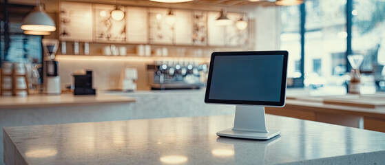 Modern point of sale system on countertop in a bright, spacious cafe during morning hours
