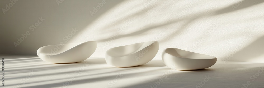 Poster Floating 3D shapes create a minimalist display with soft shadows and elegant light reflections on a clean white background
