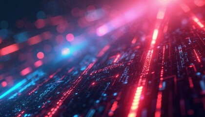 Ultra-futuristic tech abstract with dynamic geometric shapes, neon glow, tech elements for cutting-edge projects. Sci-fi cyber visualisation of advanced technology, ideal for science, design concepts.