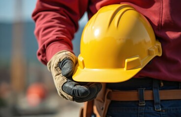 Close up of worker in gloves holds yellow hardhat. Safety workwear concept. Construction site background. Protection, job safety, industrial occupation, engineering, labor, industrial occupation.