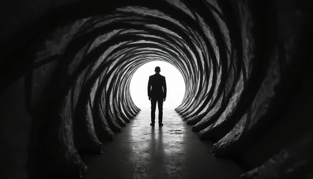 Gun barrel effect with man in suit standing at end of tunnel. Twisted walls, glossy reflections, light at end. Concept for spy, gangster, agent movies. Business challenge metaphor.
