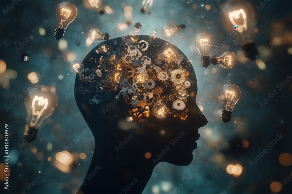 Aufkleber silhouette of a human head filled with creative symbols representing innovation and artistic express