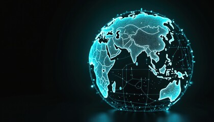 Glowing world globe with blue backlight on dark background. Digital earth, worldwide connection, future tech innovation. Planet is a futuristic technology neural network, big data processing.