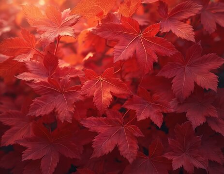 Background texture of vibrant maple red leaves. Autumn foliage plant creates graphic design element. Seasonal wallpaper overlay pattern. Red colors accentuate detail, organic botanical flora close-up.