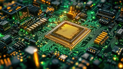 Obraz premium Close-up of Electronic Circuit Board with Green Lights
