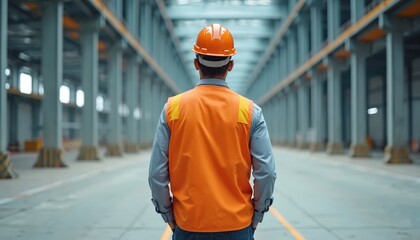 Back view of construction worker in orange hi-vis safety vest, hard hat standing in industrial factory interior. Engineer oversees manufacturing facility. Inspector checks production warehouse.