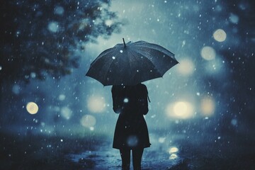 A Woman with an Umbrella Walking in a Rainy Night Scene