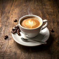 Fototapeta premium A Detailed Study of Latte Art and Coffee Beans on a Saucer, Featuring Textural Elements and Rich Colors, Celebrating the Simple Artistry of a Morning Beverage