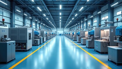High-standard factory floor with organised equipment, clear details, natural light. Blue tint color. Orderly arrangement demonstrates facility efficiency. Clean, spacious environment offers