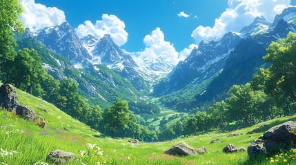 Naklejka premium Scenic mountain valley with green grassy meadows and blue sky