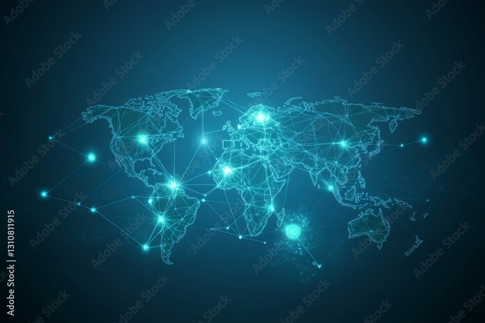 Poster a blue background with a globe and lines connecting it. abstract digital world with global network c