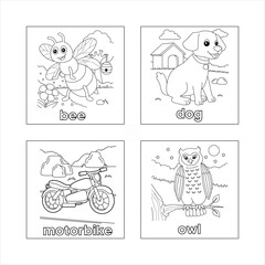 Coloring book pages, educational illustrations,
black and white line drawings, cartoon animals,
simple scenes, labeled images, bee with honey,
friendly dog, motorcycle outdoors, owl at night,
children