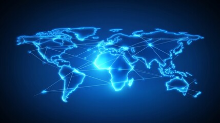 Fototapeta premium A blue globe with a network of lines connecting the continents. Abstract digital world with global network connections, background for business and technology concept.