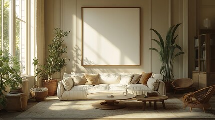 A simple living room with a white sofa and coffee table, a blank canvas mockup on the wall above it, beige tones, wooden accents, soft lighting, a neutral color palette, modern design elements,