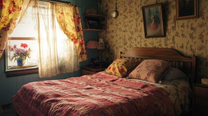 vintage bedroom with floral wallpaper and quilt