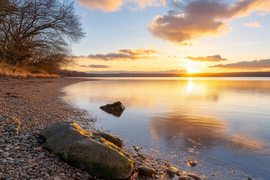 serene sunset over calm lake with rocky shoreline