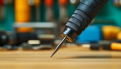 Close-up of a rotary tool on a workbench.
