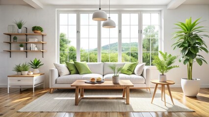 Fototapeta premium Bright Airy Minimalist Living Room Interior Design: White Sofa, Large Window, Plants